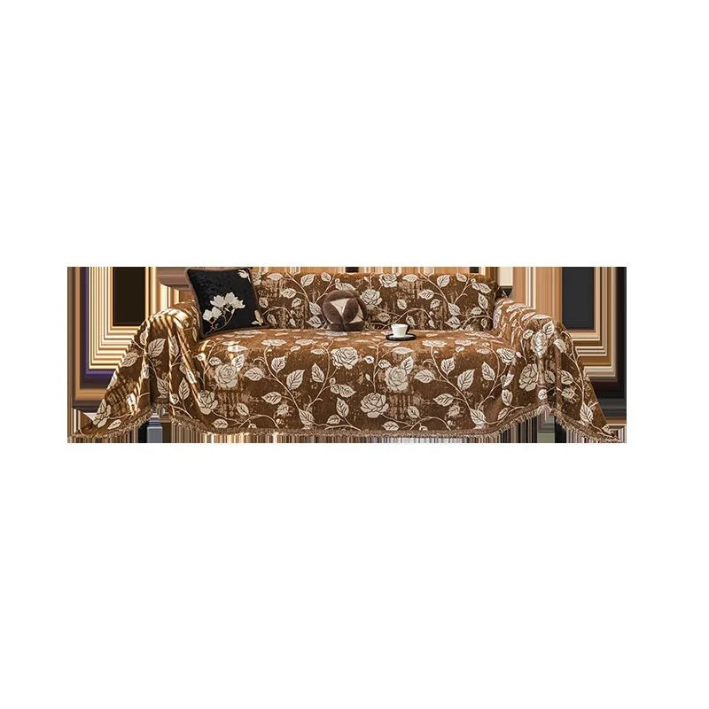 Chenille sofa cover with retro floral pattern in Beige, 180cm wide, draped over a sofa