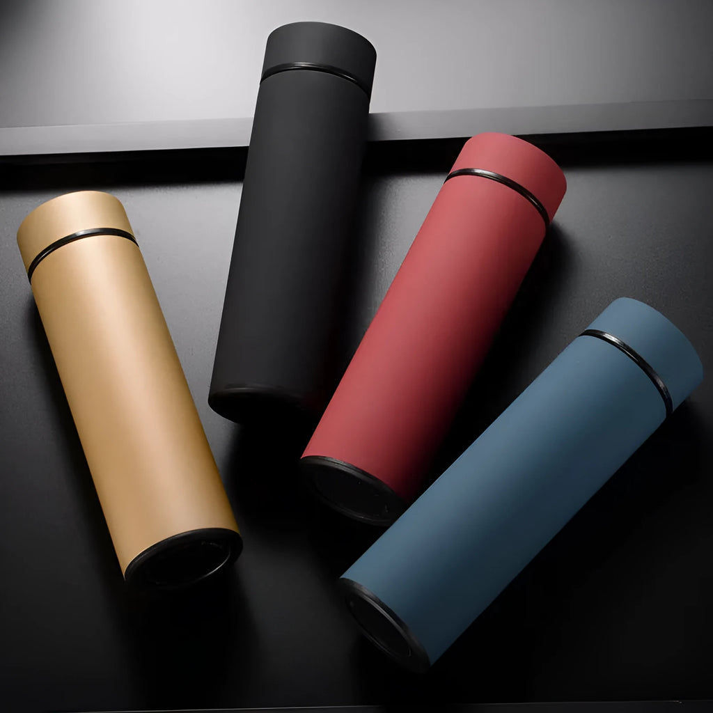450ml stainless steel vacuum insulated water bottle in choice of colours including black, red, gold, and blue.