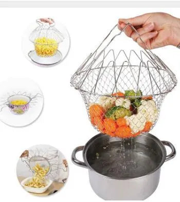 Stainless steel foldable frying basket with square grid design and handle