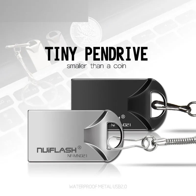 Mini USB 2.0 flash drive with solid state storage in black or silvery casing