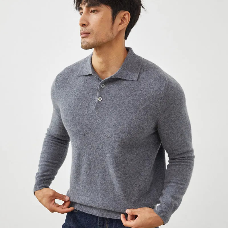 Men's cashmere polo collar pullover sweater in sapphire blue colour showing loose fit design
