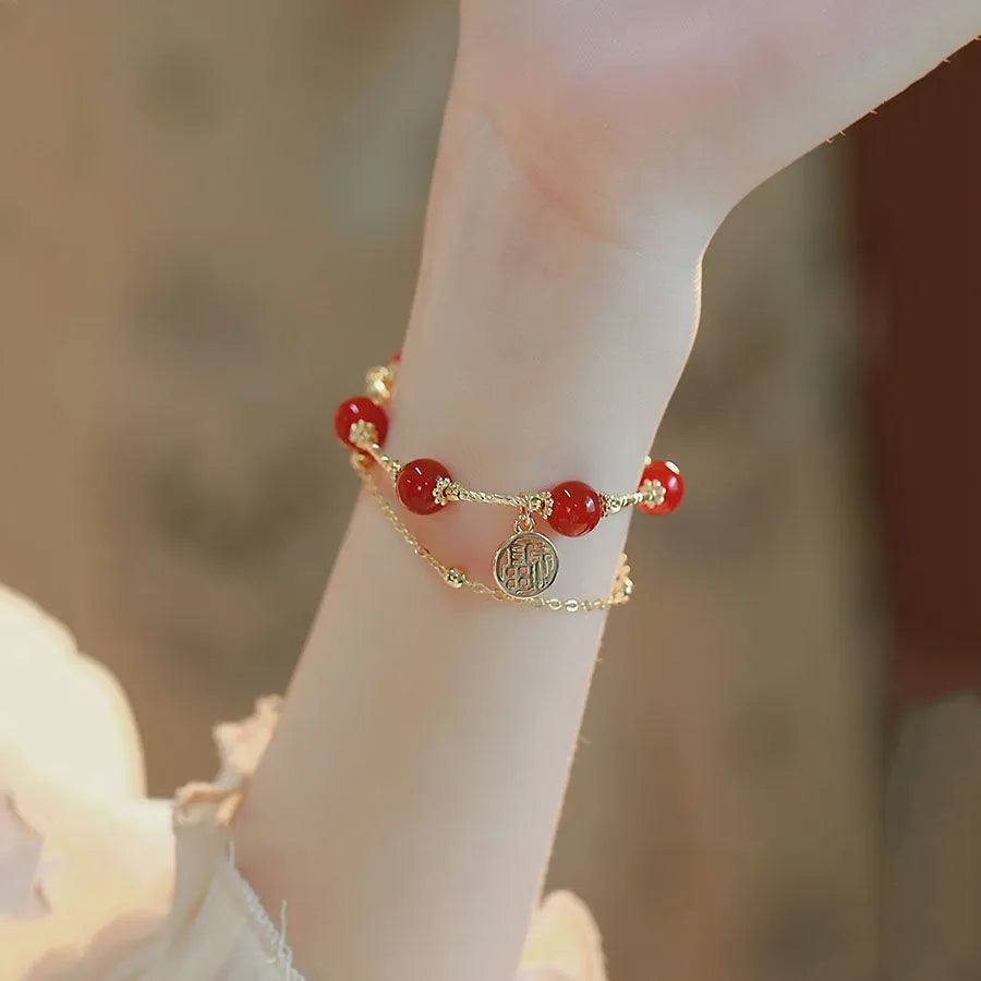 Red agate and alloy double-layer bracelet with horse blessing charm on adjustable band