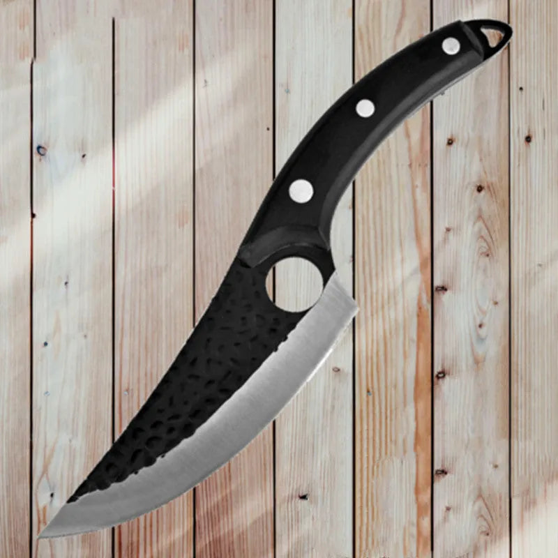 Forged boning knife set with curved scimitar blade and leather sheath on a dark surface.