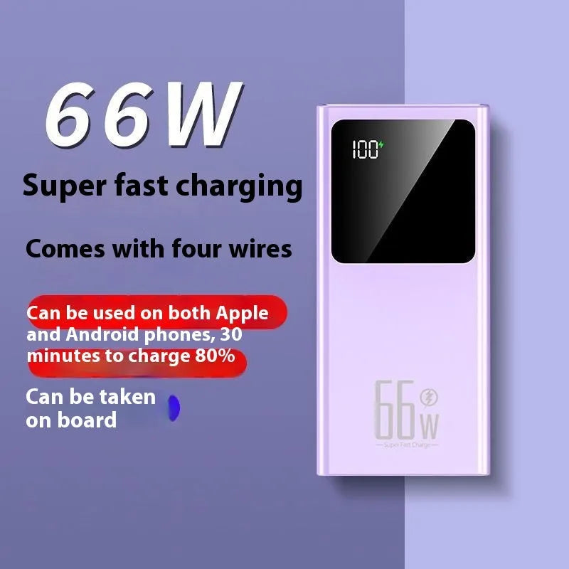 Ultra-thin portable power bank in plastic shell with fast charging, available in black, white, purple, blue, 10000-50000mAh