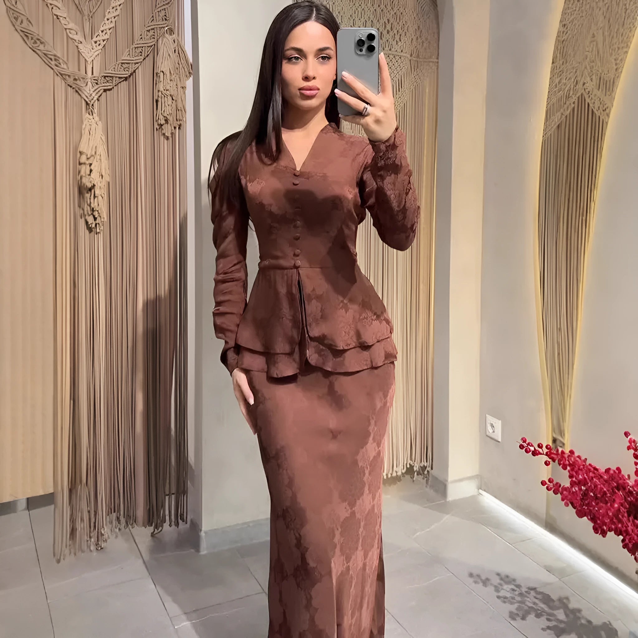 Dark brown artistic retro dress with floral pattern, long sleeves, fake two-piece design and button detailing