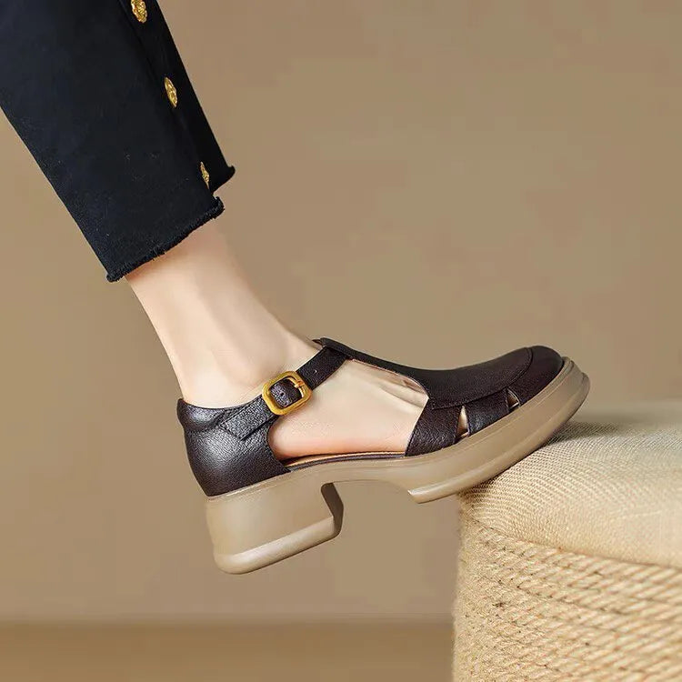 Women's retro chunky platform ankle-strap high heels in beige or dark brown, mid 3-6cm heel, sizes 35-39