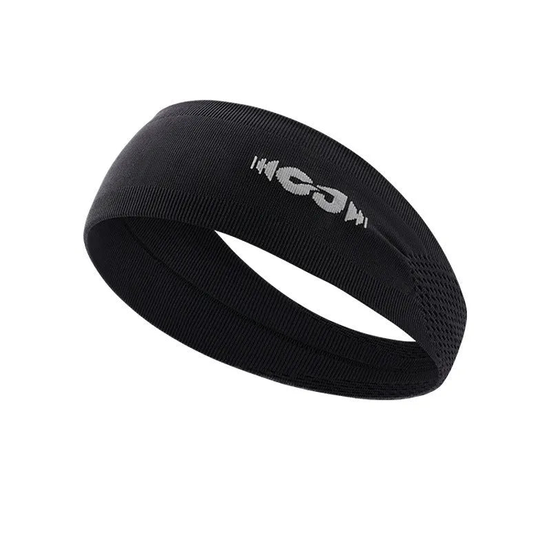 Seamless knitted exercise hair band in black colour shown on active person