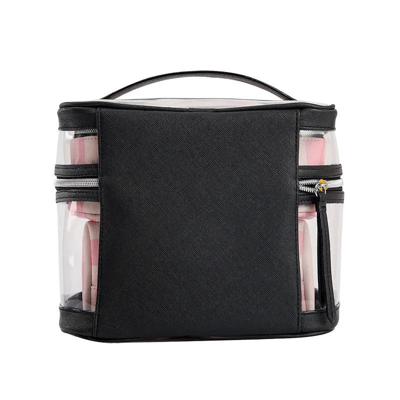 Pink bold stripes floral pattern buggy bag makeup kit with synthetic leather waterproof exterior
