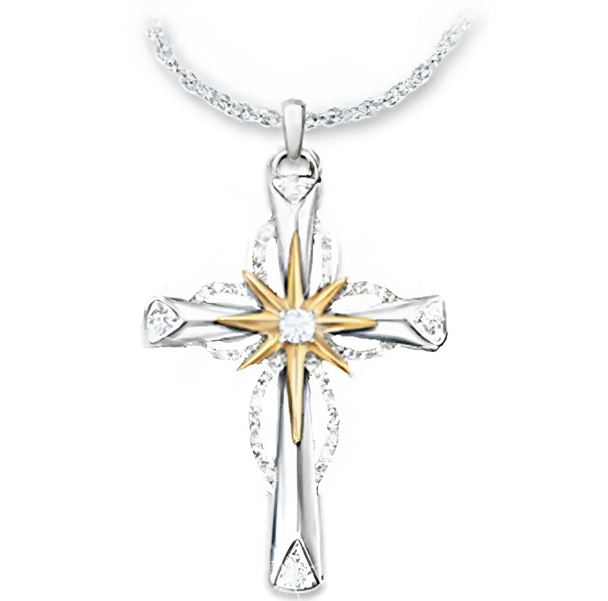 Silver octagonal star cross alloy pendant, 22x15mm, with 42+5cm ring chain for women and girls.