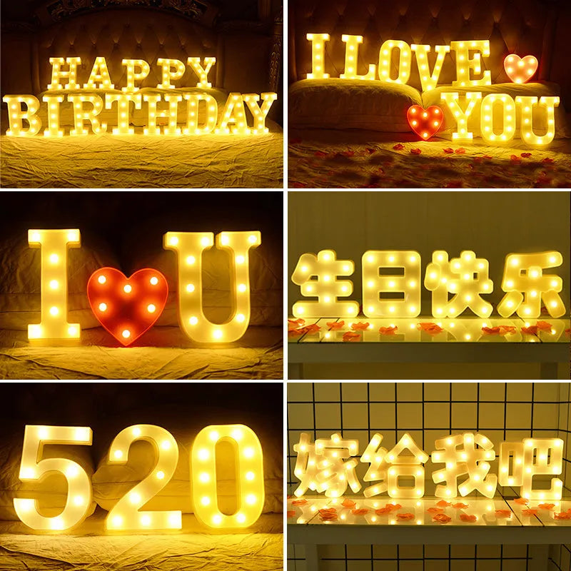 LED plastic letter lights showing alphabet designs for birthday and romantic decorations