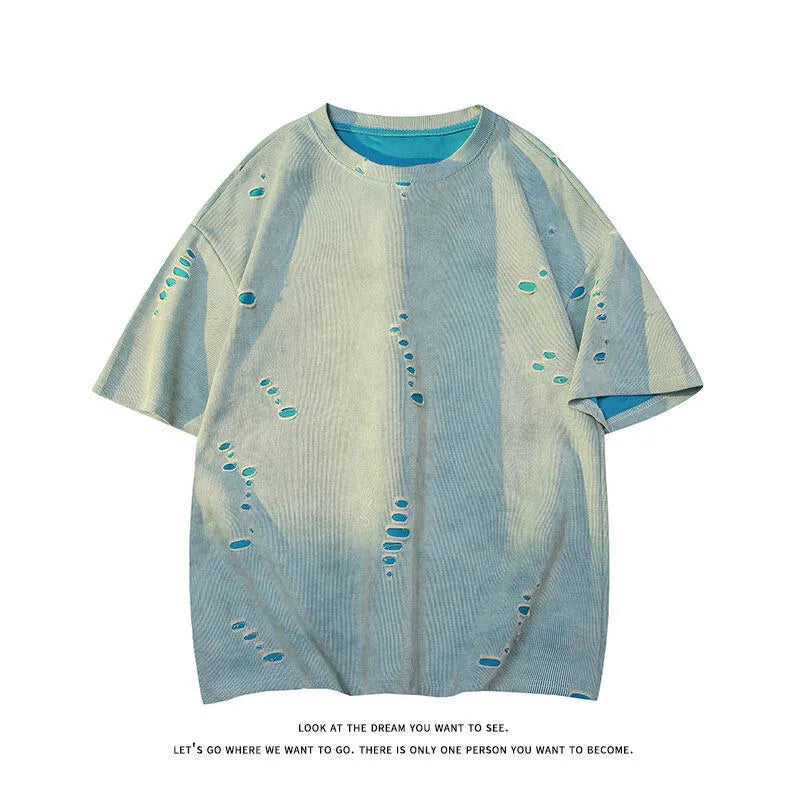Men's loose fit blue cotton blend short sleeve T-shirt on a hanger