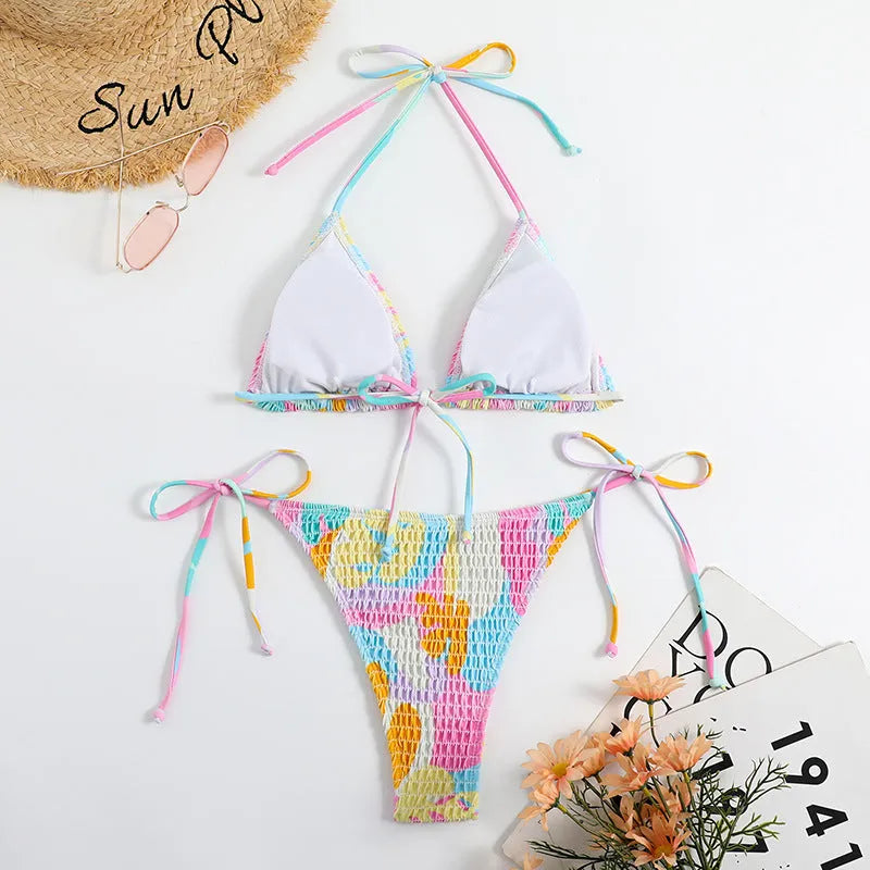 Women's triangle bikini set with smocked bandeau front in multicolour gradient floral print