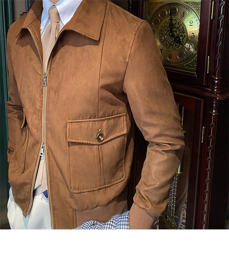 Men's suede bomber jacket, zip front, 100% polyester, dark brown dark green light khaki grey, sizes M-3XL