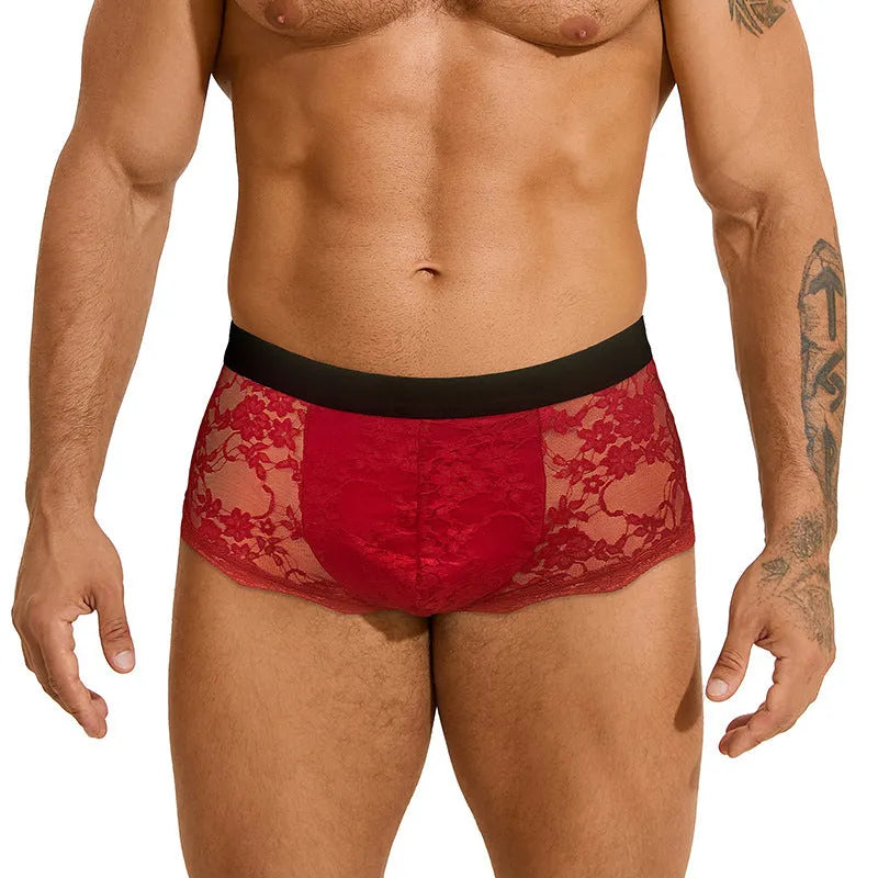 Men's black lace briefs with hollow out see-through design showing lace pattern