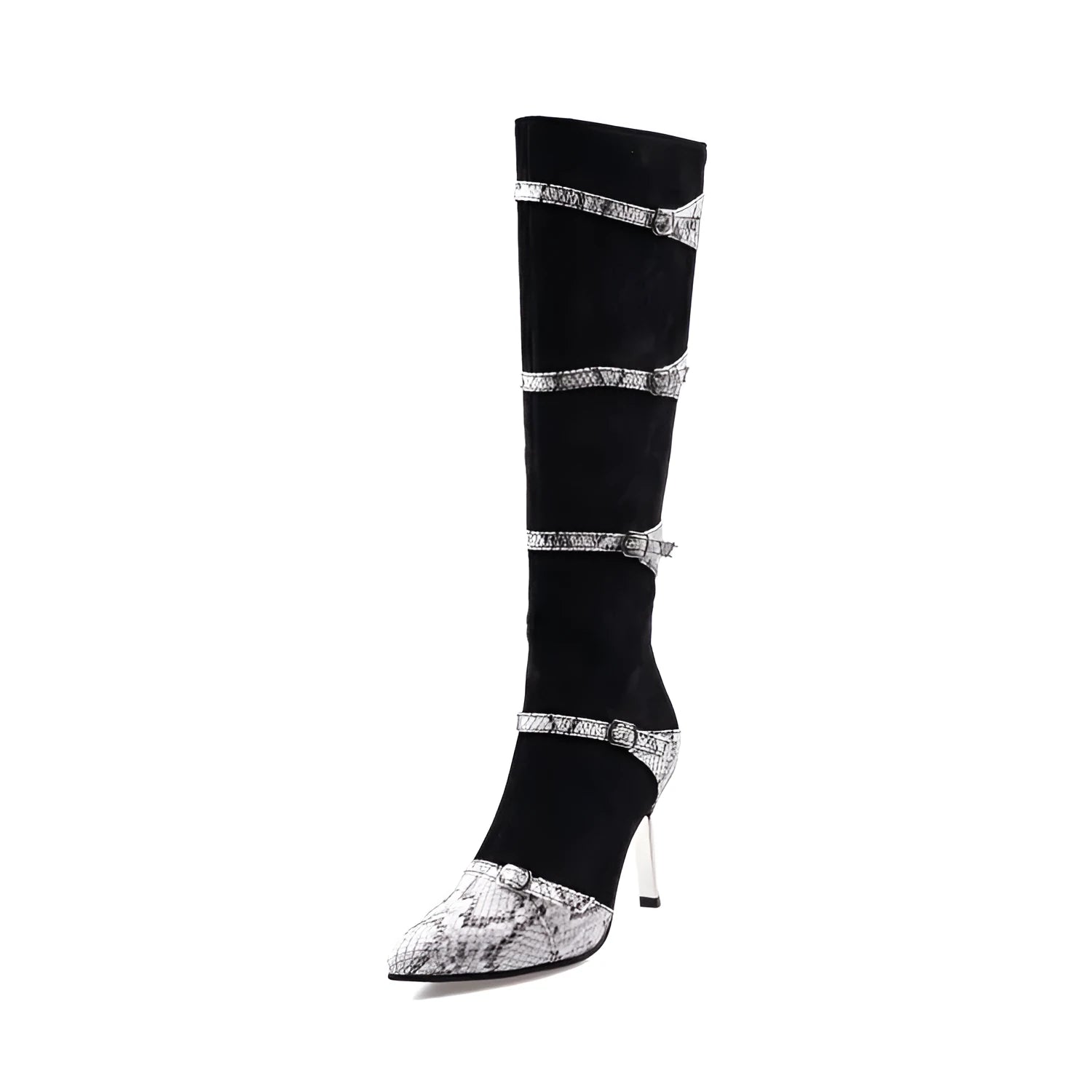 Women's grey knee high stiletto boots with a 9cm heel and pointed toe on a plain background.