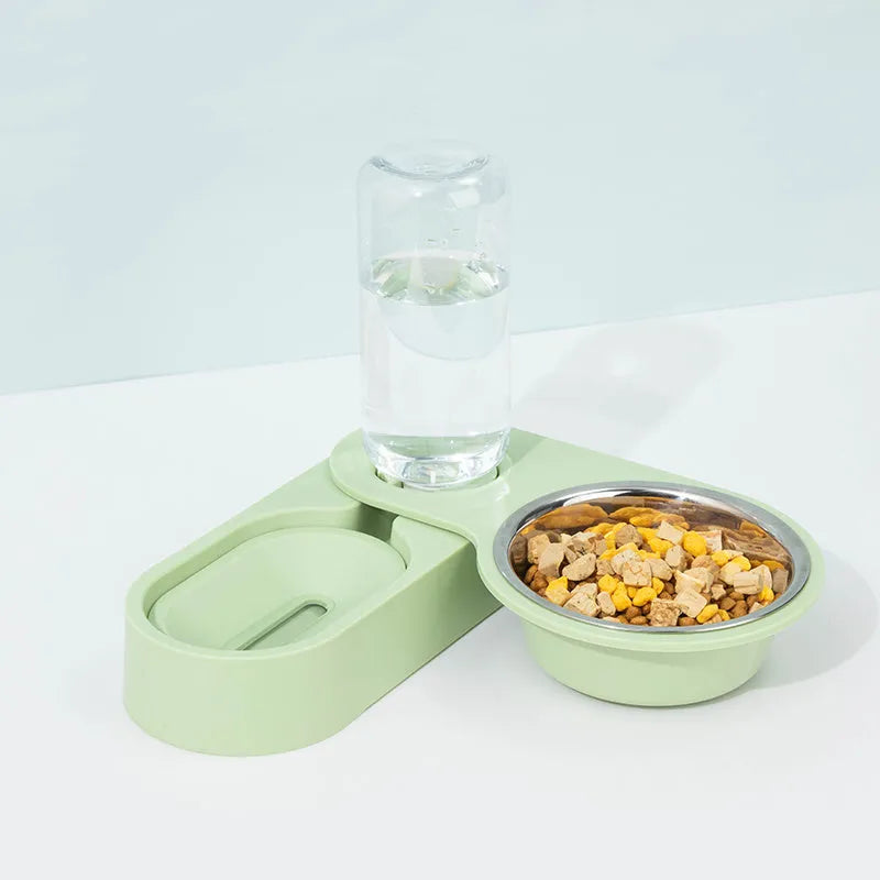 Cat automatic drinking water bowl with rotatable design, two bowls, in grey PET and HIPD material, corner shape