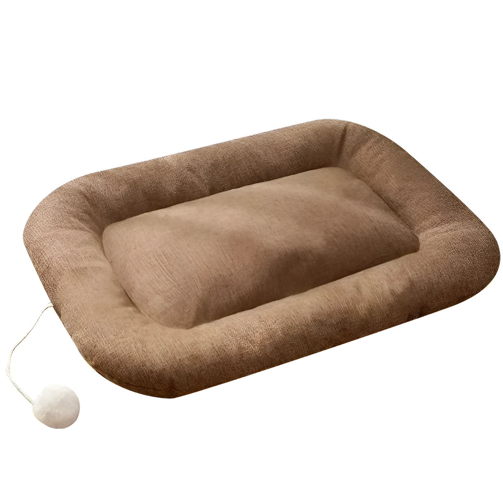 Brown Thai-style pet cooling mat shown inside a dog kennel with a small dog resting on it.