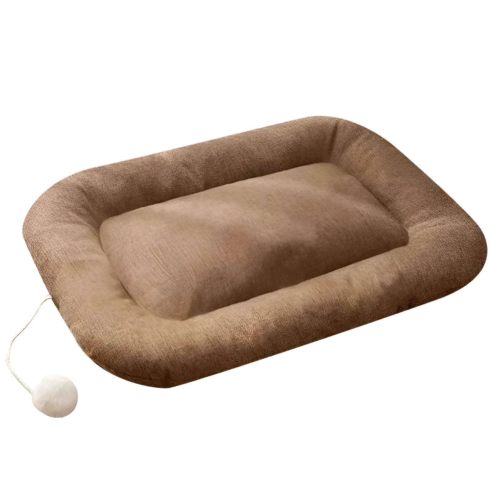 Brown Thai-style pet cooling mat shown inside a dog kennel with a small dog resting on it.