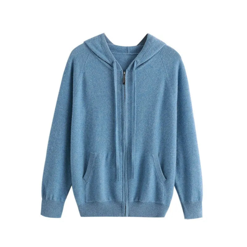 Men's cashmere knitted cardigan with full zip front and hood in solid colour options