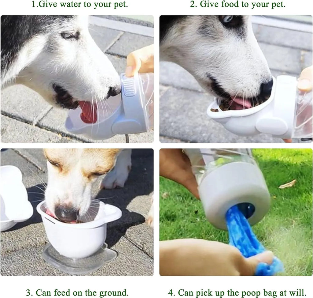 Green 3-in-1 portable pet water bottle with food container and waste bag dispenser attached to a strap.
