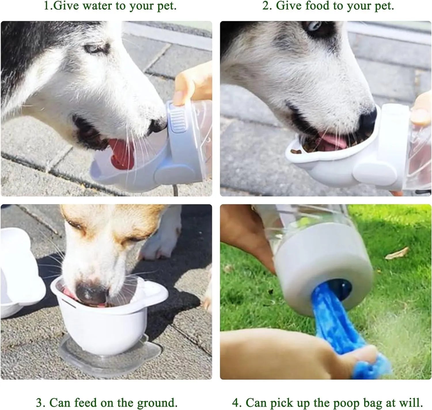 Green 3-in-1 portable pet water bottle with food container and waste bag dispenser attached to a strap.