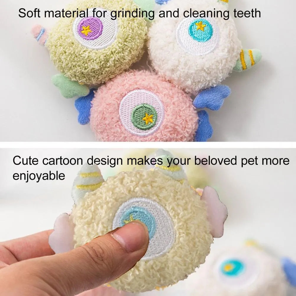 Plush cartoon-shaped dog chew toy with squeaker in assorted colours on white background