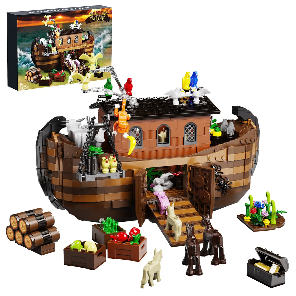 Brown construction ship building block set assembled on a white background, highlighting its plastic construction and ship design.