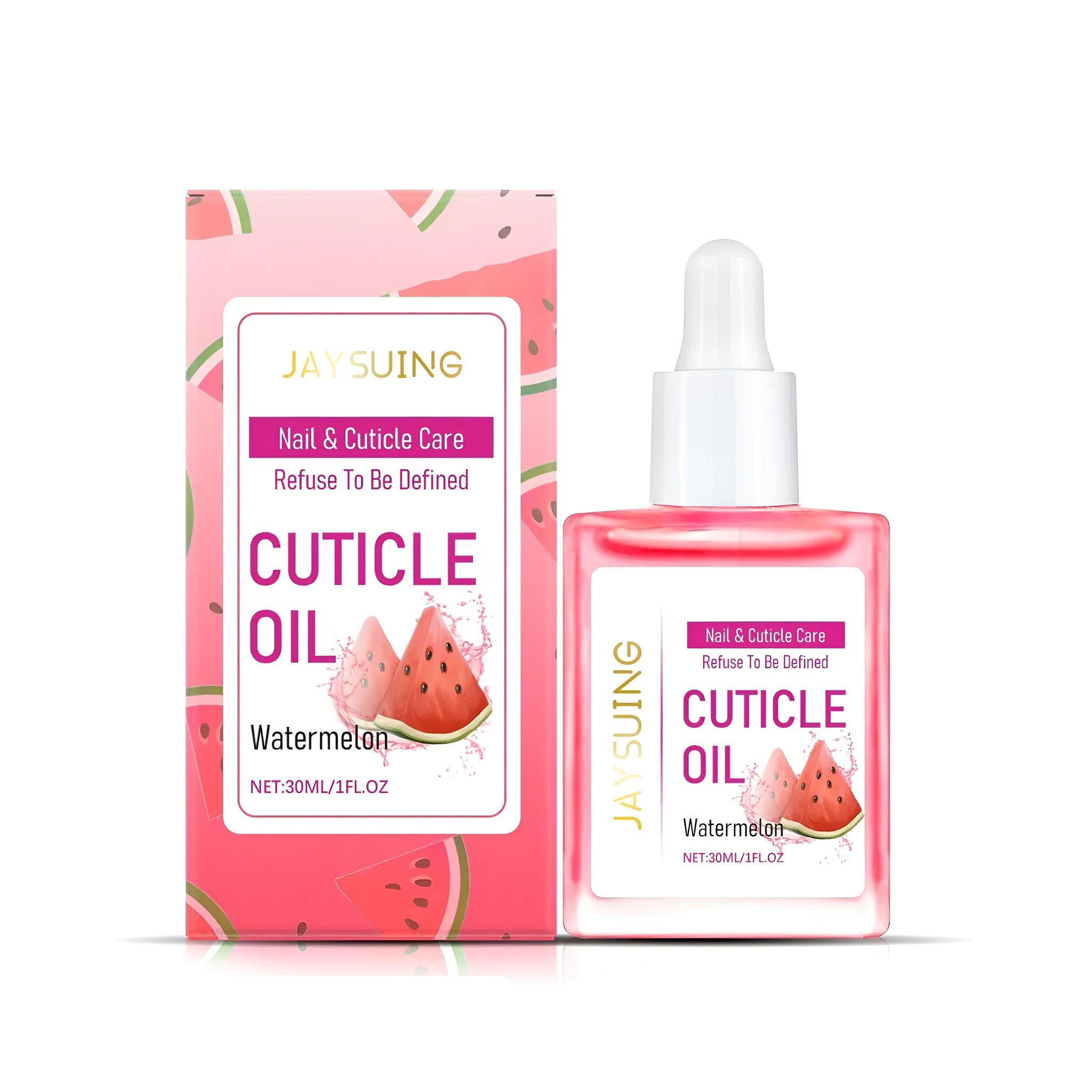 30ml bottle of watermelon nail care oil with jojoba seed oil and vitamin E.