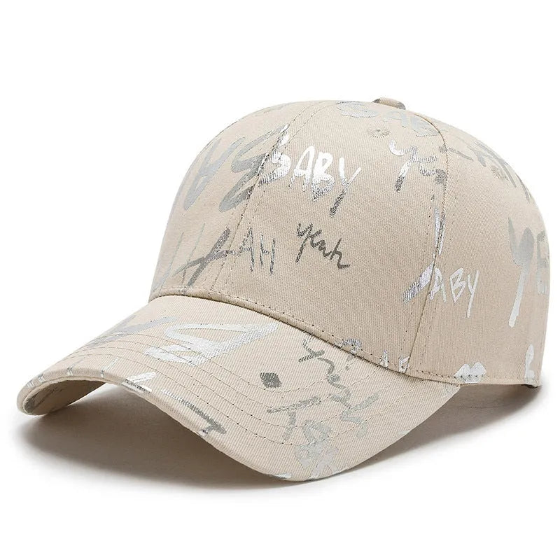 All-match cotton baseball cap with letter print, curved brim, and adjustable fit in beige colour