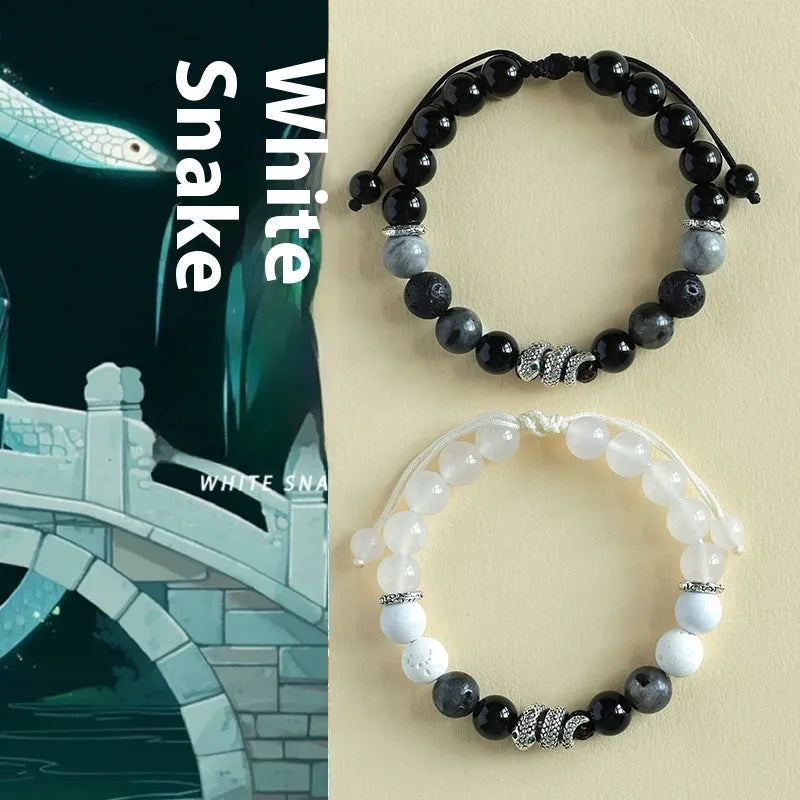 Black and white agate couple bracelet with blessing snake design and turquoise glitter