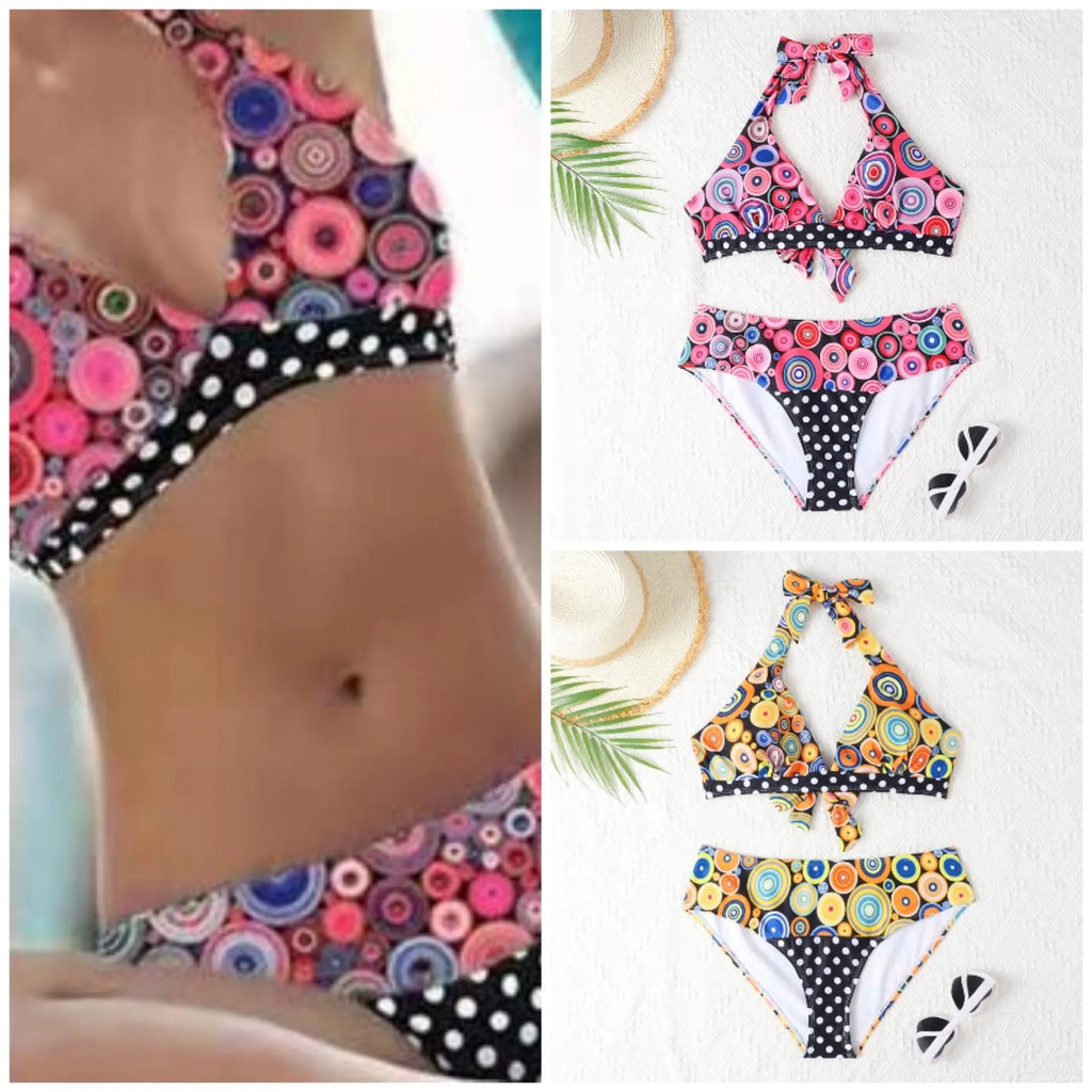 Women's printed high waist split bikini suit in striped pattern, quick-drying polyester spandex