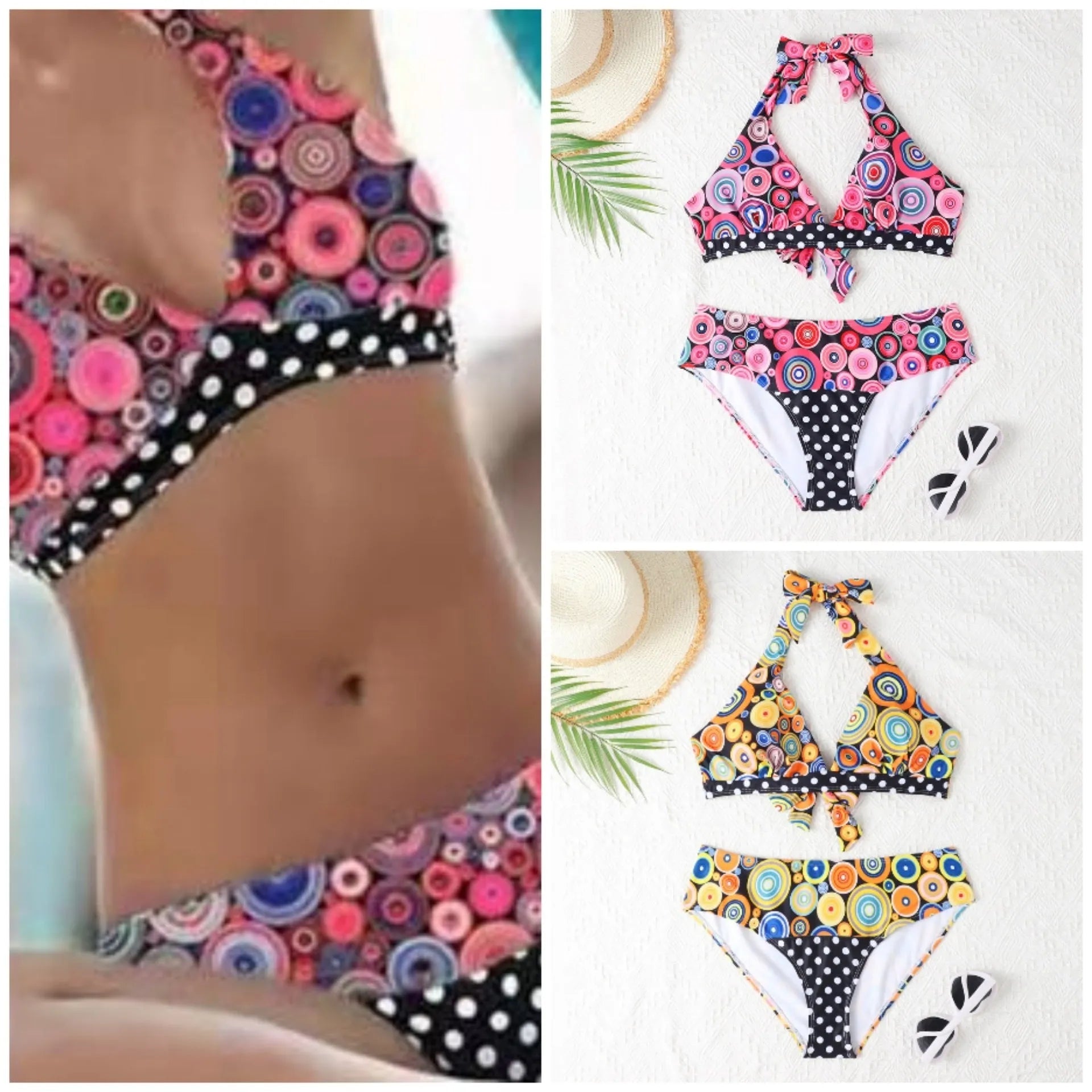 Women's printed high waist split bikini suit in striped pattern, quick-drying polyester spandex