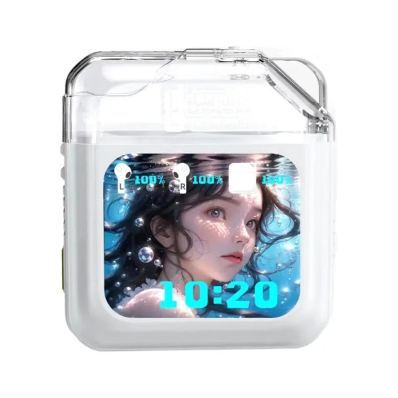 White Bluetooth headset with colour screen display showing battery level and connection status