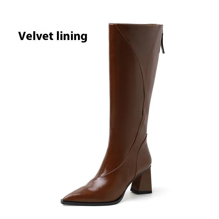 Retro Maillard cowhide riding boots in black, brown, or wine red with waterproof platform and high sock design