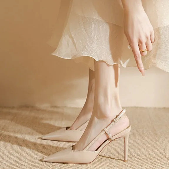 Women's Apricot high-heeled sandals with single strap buckle toe design and thin belt detailing