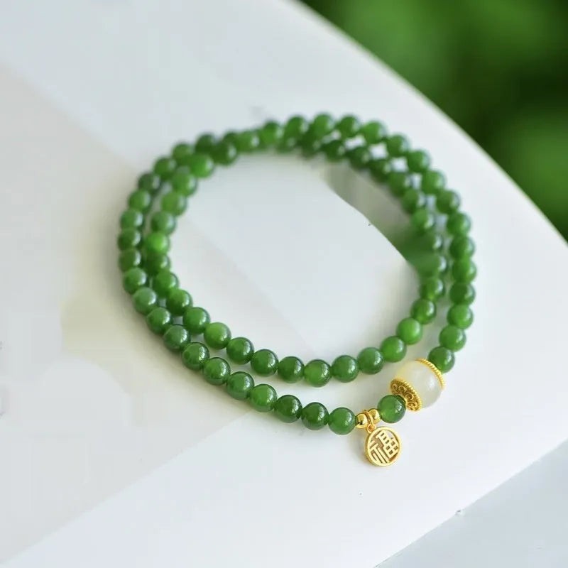 Women's double circle Hetian jade bracelet with geometric 6mm beads and fu character charm