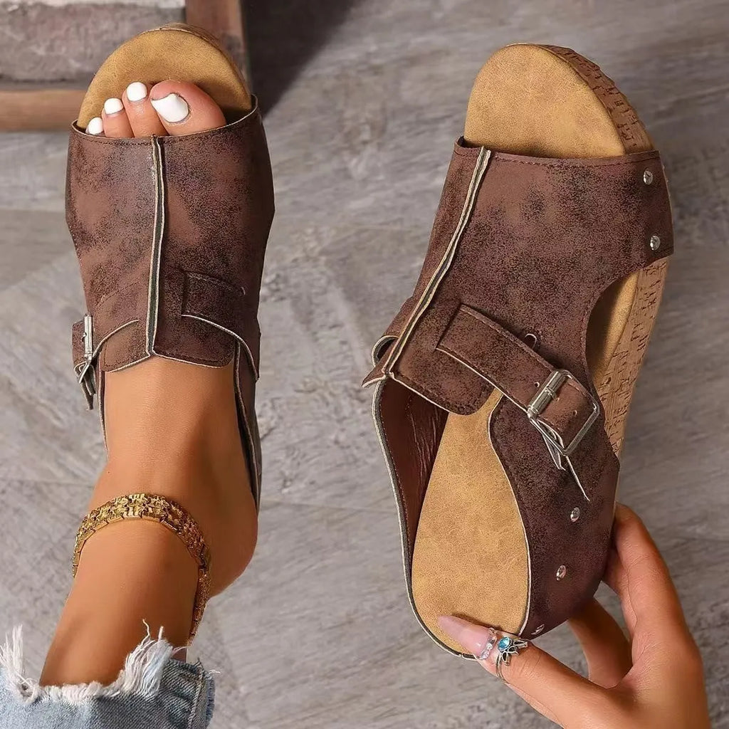 Plus size wedge sandals with rivet detail and fish mouth toe in black PU upper
