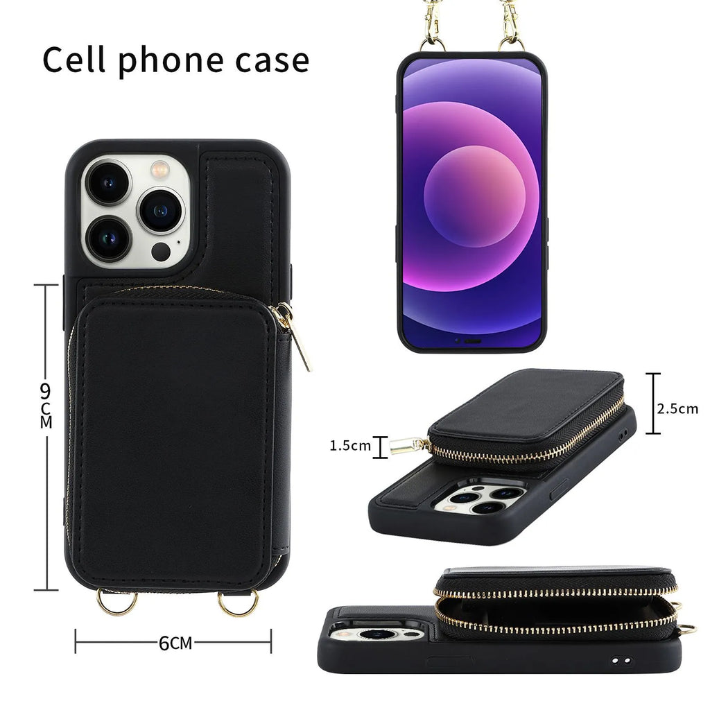 Black iPhone 14 Pro crossbody wallet phone case with zippered card holder and imitation leather finish