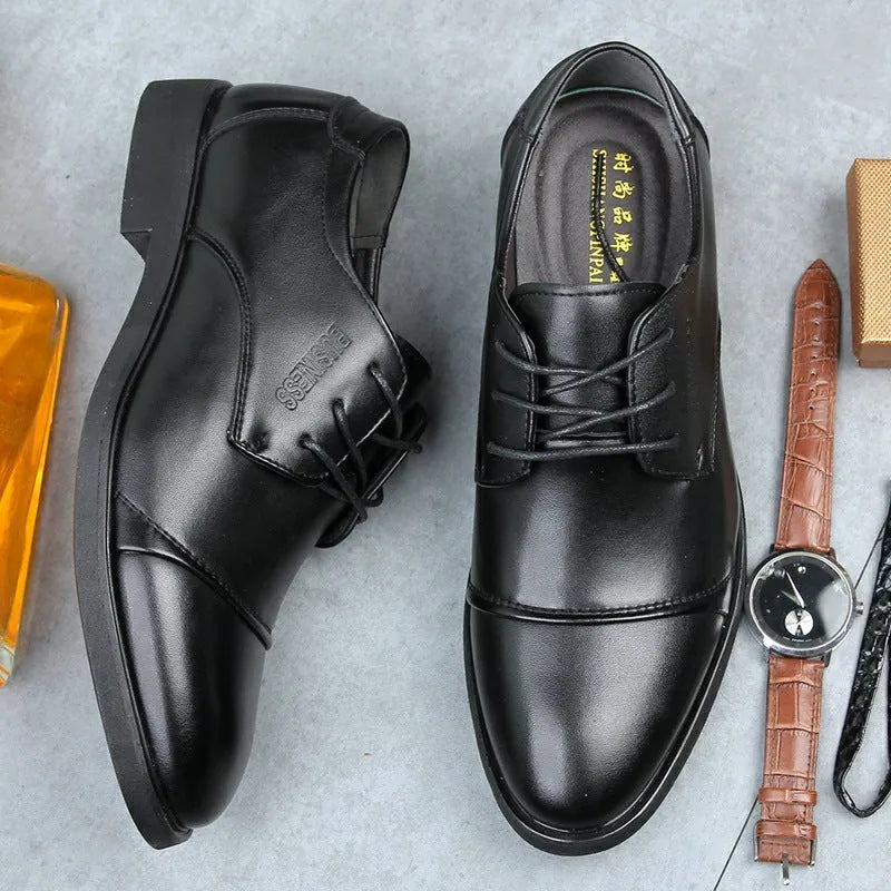 Men's black formal lace-up shoes with stitching details on PU leather upper