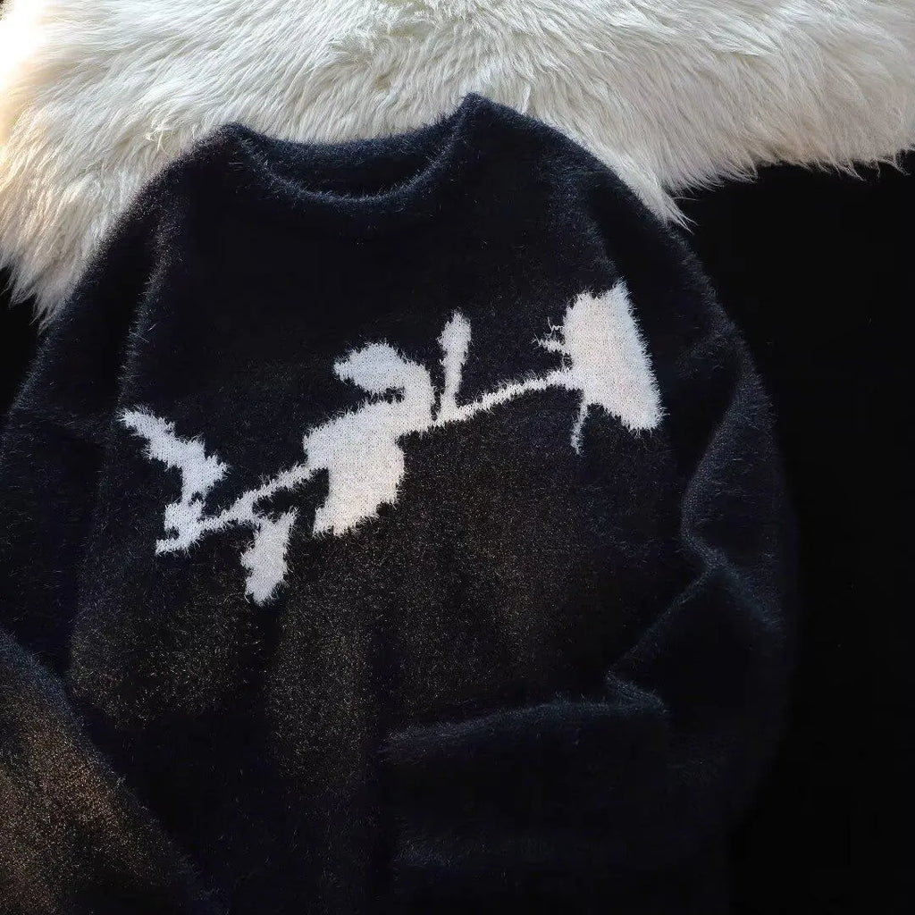 Men's black pullover sweater with a large flocking print of a rose and horse design on the chest.