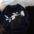 Men's black pullover sweater with a large flocking print of a rose and horse design on the chest.
