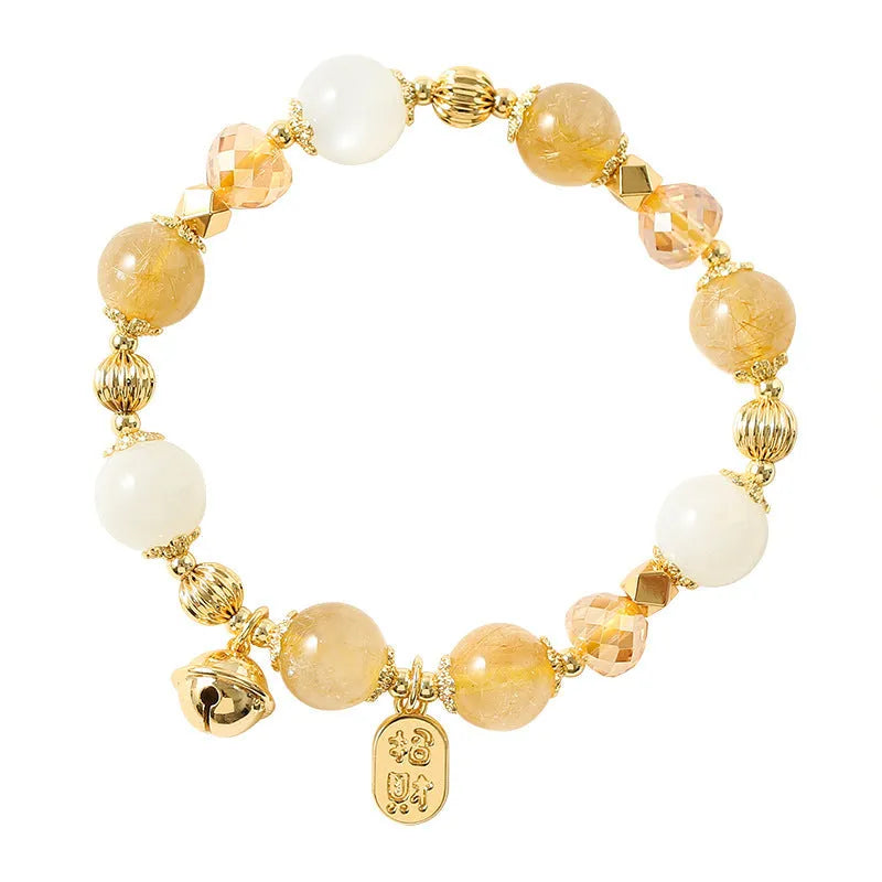 Korean style gold electroplated bracelet with Lucky Fortune rutilated quartz crystal centrepiece