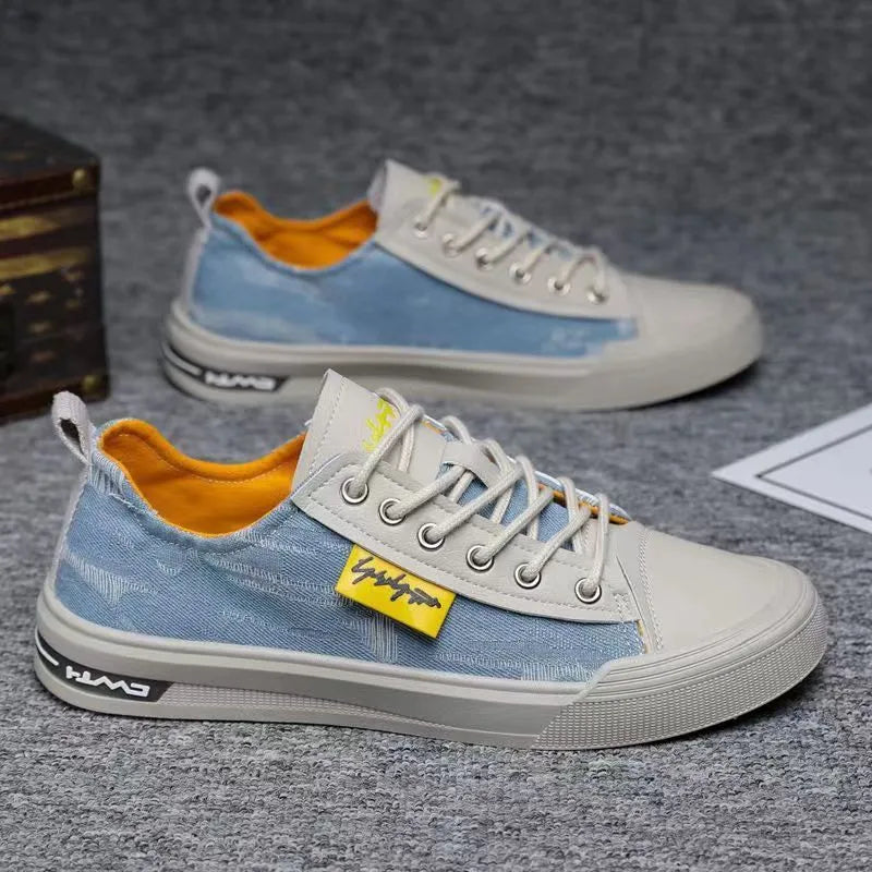 Men's canvas lace-up shoes with round toe in dark blue, black and light blue colours