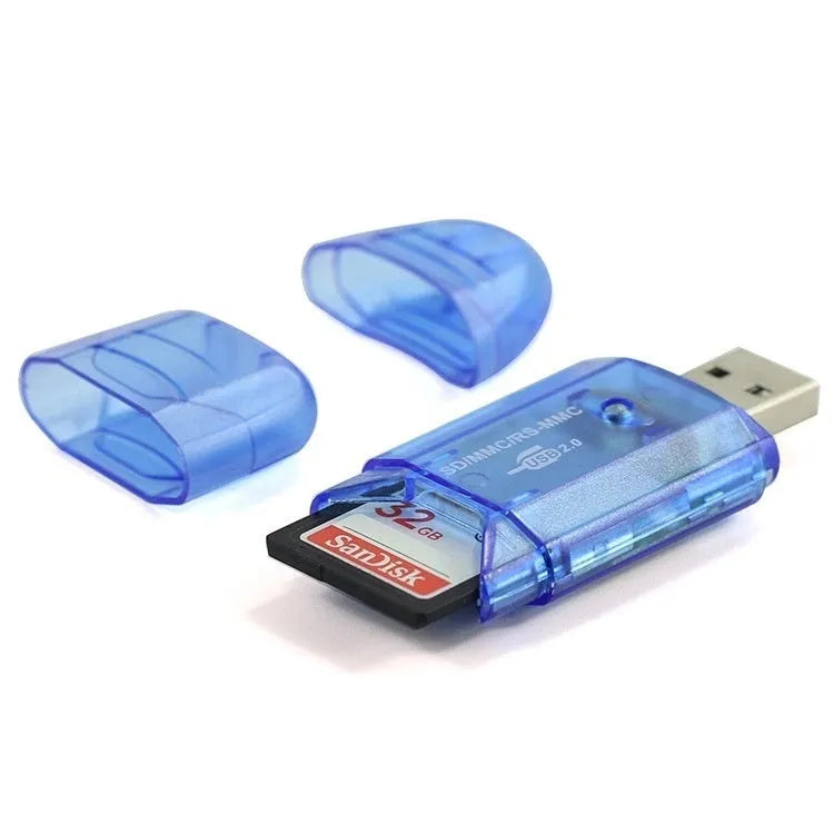 Transparent plastic USB card reader with optional LED light showing SD card slots