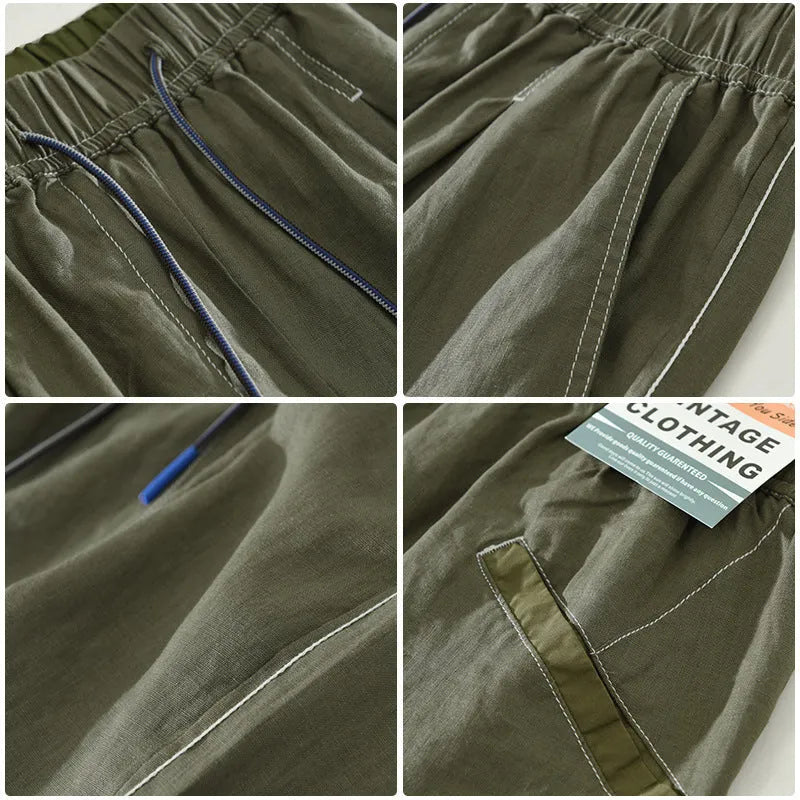 Men's linen straight drooping shorts in black or green with drawstring waist for summer casual wear