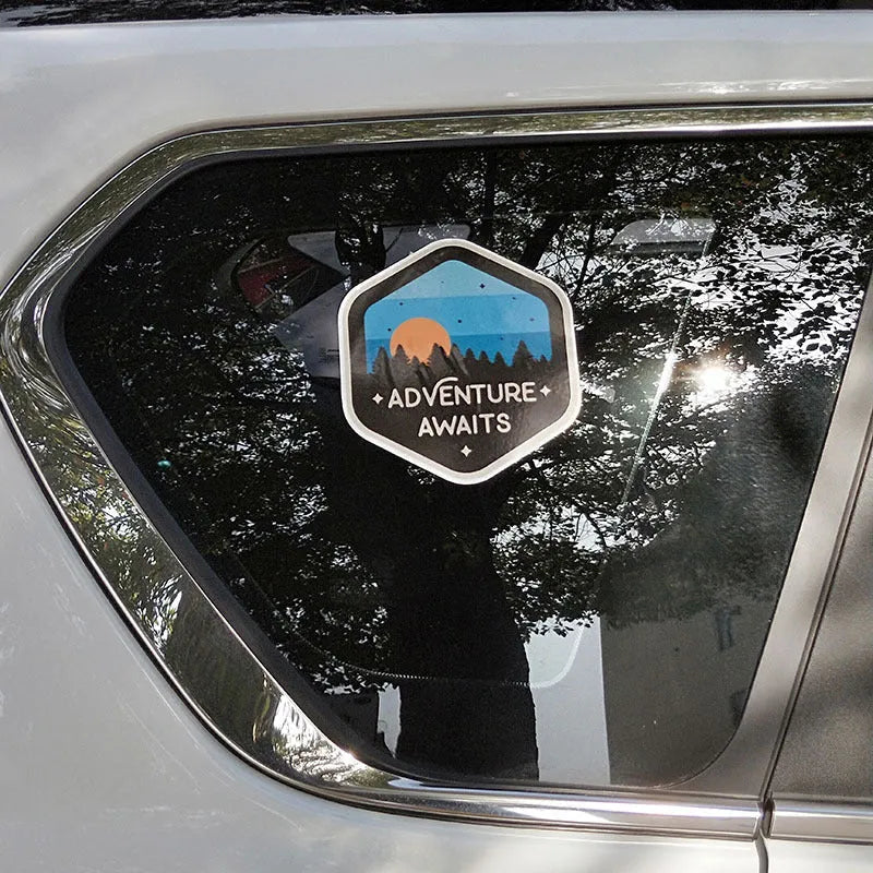 Sunset camping trip cartoon anime motorcycle full car vinyl sticker decal on white surface