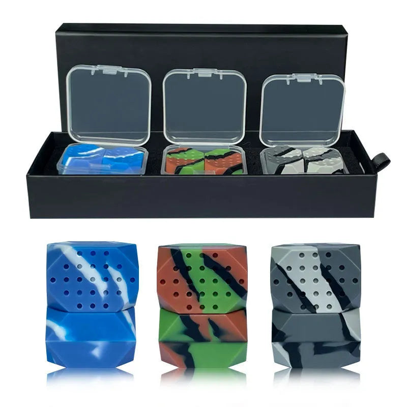 Two camouflage-pattern silicone facial exercise balls in a transparent box.