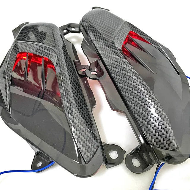 Pair of Yamaha NMAX side lamps with carbon fibre decoration and blue LED lights
