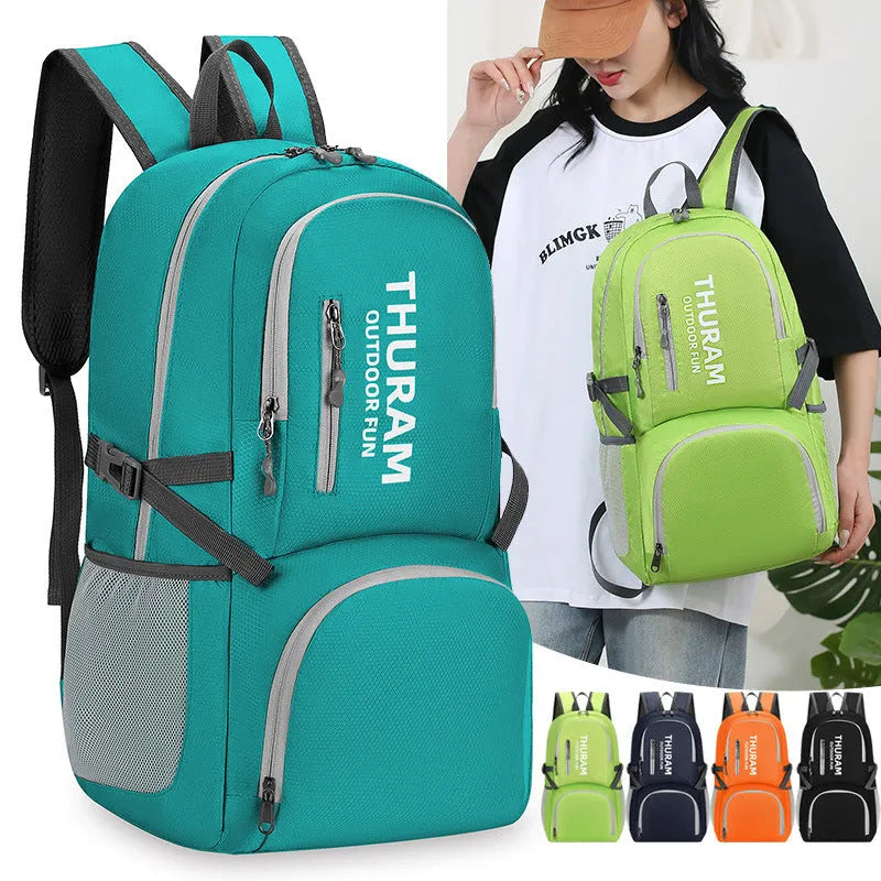 Large dark blue outdoor backpack with an air pillow belt, shown folded and unfolded.