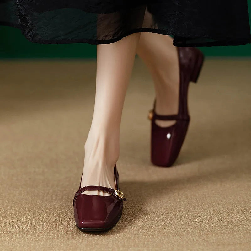 Wine red French low heel chunky heel pumps with square toe and microfiber upper